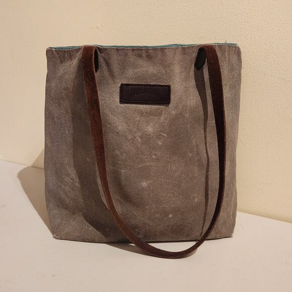 Atomic Freedom Distressed Leather & Canvas Grey Tote Bag Green Lining Grunge - Picture 6 of 11